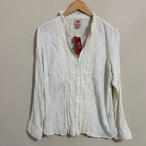 Y2K Cream Lace Trim Crinkly Button Down Blouse size 18W Cottagecore Western Fall